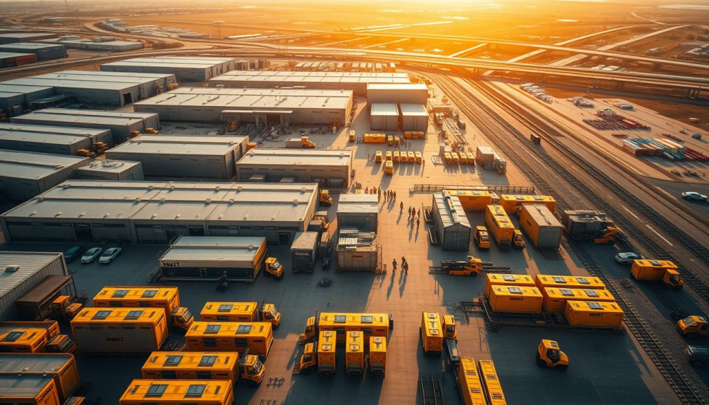 A sprawling industrial complex, DEWALT's factory locations stand as monuments to American manufacturing prowess. Impose a sharp, high-contrast aerial view, showcasing the geometric patterns of warehouses, assembly lines, and loading docks. Bathed in warm, golden sunlight, the scene conveys a sense of efficiency and productivity. In the foreground, sleek DEWALT power tools await shipment, their iconic yellow casings gleaming. The middle ground depicts bustling workers in hard hats, transporting materials with forklifts and cranes. Stretch the background to reveal a network of access roads and rail lines, connecting the factory to a global distribution network. Imbue the overall composition with a sense of industrial might and precision engineering, reflecting the quality and reliability that define the DEWALT brand.
