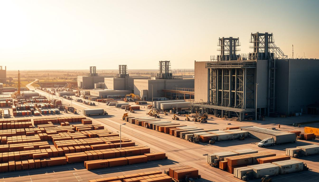 A sprawling industrial complex nestled in the heart of the United States, the DEWALT USA factories stand as beacons of American manufacturing prowess. Massive, modern buildings punctuate the landscape, their sleek facades reflecting the sun's warm glow. In the foreground, rows of neatly arranged shipping containers and forklifts convey the hustle and bustle of a well-oiled supply chain. The middle ground showcases the factories themselves, their towering frames and intricate architectural details exuding a sense of power and precision. In the background, a cloudless sky stretches out, hinting at the boundless possibilities that lie ahead for this iconic American brand. The scene is bathed in a soft, golden light, creating an atmosphere of pride, efficiency, and technological innovation.