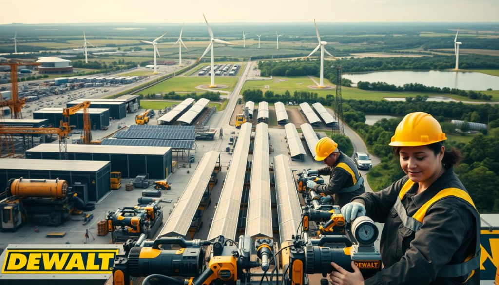 A sprawling industrial complex, with DEWALT's iconic yellow and black branding prominently displayed. In the foreground, workers assemble power tools using sustainable materials, their faces reflecting a sense of pride and purpose. The middle ground showcases a series of solar panels, wind turbines, and other renewable energy infrastructure, harnessing the power of nature. In the background, lush greenery and a tranquil lake underscore DEWALT's commitment to environmental stewardship, with the company's eco-friendly initiatives seamlessly integrated into the landscape. The scene is bathed in warm, diffused lighting, conveying a sense of harmony and progress.