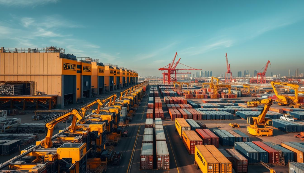 A sprawling industrial landscape, with DEWALT's iconic yellow and black branding prominently displayed on massive factory buildings. In the foreground, intricate machinery and robotic arms assemble power tools with precision. The mid-ground features rows of shipping containers and logistics operations, while the background showcases towering cranes and a global skyline. Bathed in warm, directional lighting, the scene conveys DEWALT's commitment to quality, innovation, and worldwide manufacturing capabilities. The composition emphasizes scale, efficiency, and DEWALT's dominant global presence in the power tool industry.
