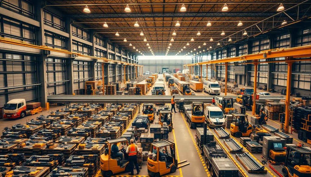 A sprawling industrial warehouse, its massive metallic facade gleaming under warm, diffused lighting. Rows of DeWalt power tools and equipment neatly arranged, conveyor belts transporting goods with clockwork precision. In the foreground, a team of workers in high-visibility vests oversee the intricate supply chain operations, navigating forklifts and managing inventory with practiced efficiency. The background reveals a bustling logistics hub, trucks loading and unloading, shipments being prepared for distribution across the globe. The scene conveys the scale, organization, and technology that powers DeWalt's robust supply chain, a well-oiled machine delivering their renowned tools to customers worldwide.