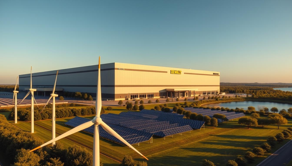 A sprawling, modern DEWALT manufacturing facility, surrounded by lush, verdant greenery. The building's sleek, angular facade is bathed in warm, natural light, casting long shadows across the well-manicured grounds. In the foreground, a row of wind turbines slowly spin, harnessing the power of the gentle breeze. The middle ground features a solar panel array, neatly arranged to maximize energy efficiency. In the distance, a lake reflects the azure sky, highlighting the facility's commitment to environmental sustainability. The overall scene conveys a sense of technological innovation and environmental stewardship, befitting DEWALT's reputation as a leader in power tool manufacturing.
