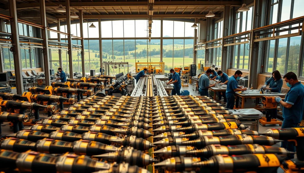 A sprawling, modern Dewalt power tools production facility, nestled in a lush, verdant landscape. The foreground features rows of sleek, silver-and-black power tools, meticulously arranged on the assembly line, their sharp edges gleaming under the warm, diffused lighting. The middle ground showcases the bustling factory floor, workers in crisp, blue uniforms carefully assembling and testing the tools with precision. In the background, towering windows flood the space with natural light, offering a glimpse of the surrounding countryside, rolling hills dotted with trees. The atmosphere conveys a sense of pride, efficiency, and a commitment to quality - reflecting the enduring American craftsmanship that defines the Dewalt brand.