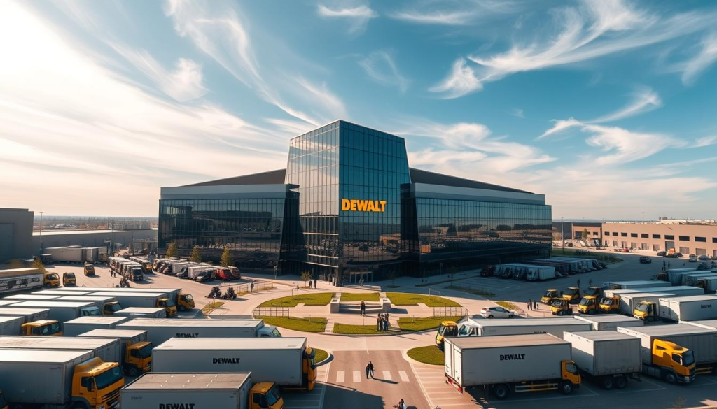A sprawling modern industrial campus, the DEWALT power tools headquarters stands tall, its sleek glass and steel facade glistening in the afternoon sunlight. In the foreground, rows of neatly parked trucks and forklifts hint at the company's logistics and distribution prowess. The middle ground features a well-manicured courtyard, with employees milling about, discussing the latest innovations. Beyond, the main building rises impressively, its angular design conveying a sense of cutting-edge technology and engineering excellence. Overhead, wispy clouds drift across a bright, azure sky, casting dynamic shadows that play across the scene. The overall atmosphere exudes a sense of efficiency, precision, and industry leadership that befits the DEWALT brand.