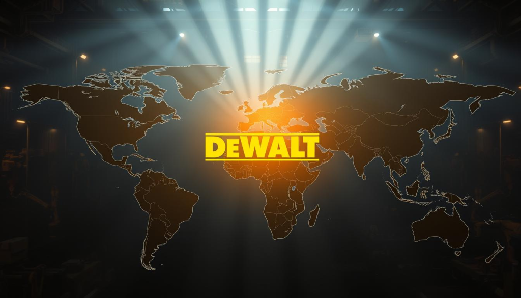 A sprawling world map with a prominent DEWALT logo in the center, casting a warm glow over the continents. The map is rendered in a crisp, detailed manner with bold country outlines and subtle topographical features. In the background, a dimly lit industrial setting evokes the brand's heritage, with the silhouettes of power tools and machinery visible. Rays of light pierce through the scene, creating a sense of depth and emphasizing DEWALT's global reach and manufacturing expertise. The overall mood is one of authority, innovation, and a strong international presence.