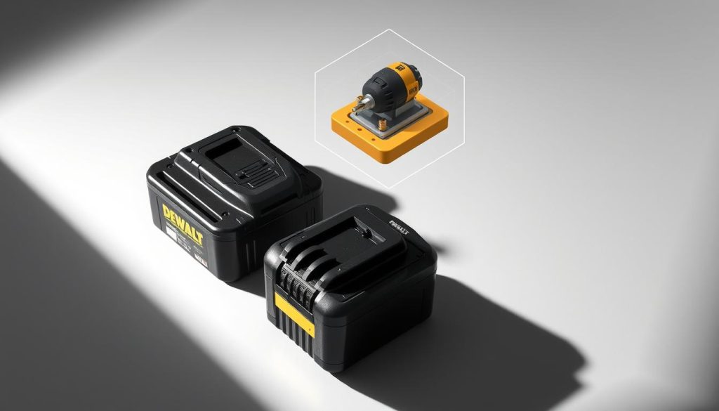 A stark, technical illustration showcasing the compatibility challenges between a DEWALT battery and a Hercules power tool. In the foreground, the DEWALT battery and Hercules tool are placed side by side, their distinct designs and connectors highlighted under harsh, directional lighting, creating distinct shadows and highlights. The middle ground features a detailed, isometric 3D render of the battery and tool, their incompatible interfaces clearly visible. The background is a plain, light-colored surface, keeping the focus on the subject matter. The overall mood is one of clinical examination, emphasizing the practical concerns of using mismatched power systems.