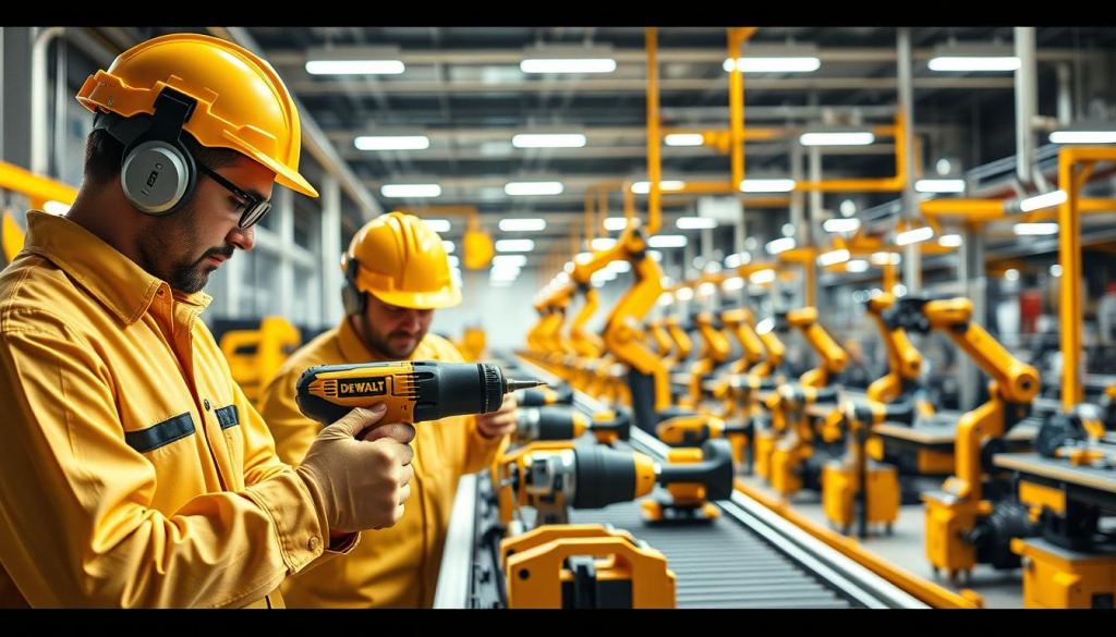 A state-of-the-art DeWalt manufacturing facility, illuminated by bright, natural lighting. In the foreground, a team of quality control engineers meticulously inspecting a power tool, examining every component with precision. The middle ground showcases a conveyor belt, where tools undergo rigorous testing and validation. In the background, robotic assembly lines efficiently construct the various products, ensuring consistency and attention to detail. The atmosphere exudes a sense of professionalism, technological innovation, and a commitment to delivering the highest-quality tools to customers.