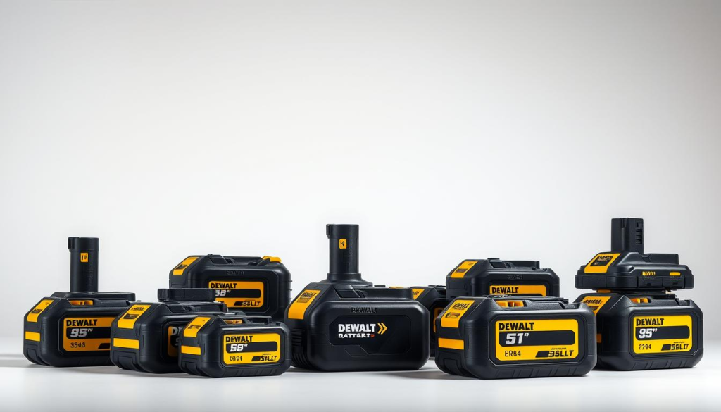 A still life arrangement showcasing a collection of DEWALT power tool batteries, meticulously captured in a clean, well-lit studio environment. The batteries are presented against a neutral background, allowing their distinctive yellow and black branding to take center stage. The image is shot from a slightly elevated angle, creating a sense of depth and emphasizing the robust, high-quality construction of the batteries. Subtle shadows and subtle reflections on the battery surfaces add depth and dimension to the scene, while the overall lighting is balanced and natural, conveying a sense of professionalism and attention to detail. The resulting image provides a comprehensive overview of the DEWALT battery lineup, highlighting their key features and premium design.