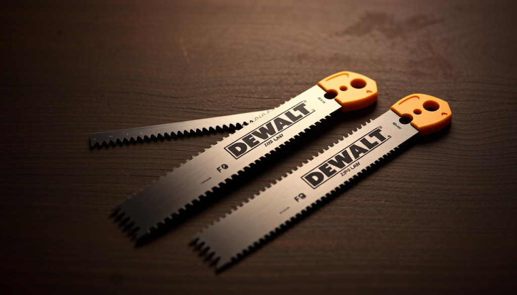 A still life of three DEWALT Zip Saw blades resting on a dark wooden surface. The blades are positioned diagonally, their teeth glistening under warm, directional lighting that casts subtle shadows. The blades are surrounded by a minimal, clean background that allows them to be the central focus. The image conveys a sense of precision, quality, and the specialized tools necessary for the DEWALT Zip Saw, a versatile cutting solution.