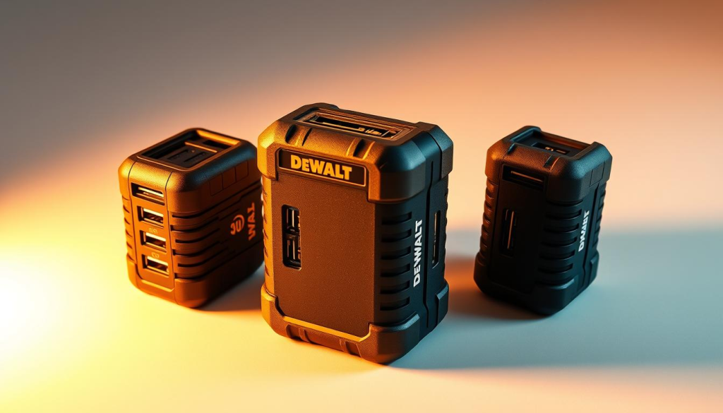 A striking, high-angle shot of three DEWALT USB chargers positioned prominently against a clean, white background. The chargers are showcased in a precise, technical manner, highlighting their sleek, rugged design and various port configurations. Warm, directional lighting from the left creates dramatic shadows that accentuate the chargers' contours, while a shallow depth of field focuses the viewer's attention on the central device. The overall mood is one of professional, no-frills product comparison, inviting the viewer to assess the relative merits of each DEWALT charger at a glance.