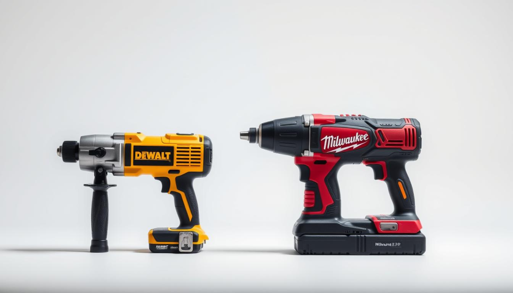 A studio shot of two power tools, a DEWALT and a Milwaukee impact driver, positioned side by side on a clean white background. The tools are captured in crisp, high-resolution detail, showcasing their sleek, modern designs and sturdy construction. Bright, directional lighting emphasizes the tools' contours and metallic accents, creating a sense of depth and highlighting their premium quality. The composition places the tools at an angle, allowing a clear view of their key features and branding. The overall mood is one of professional, objective comparison, inviting the viewer to closely examine and evaluate the relative performance and capabilities of these two industry-leading impact drivers.