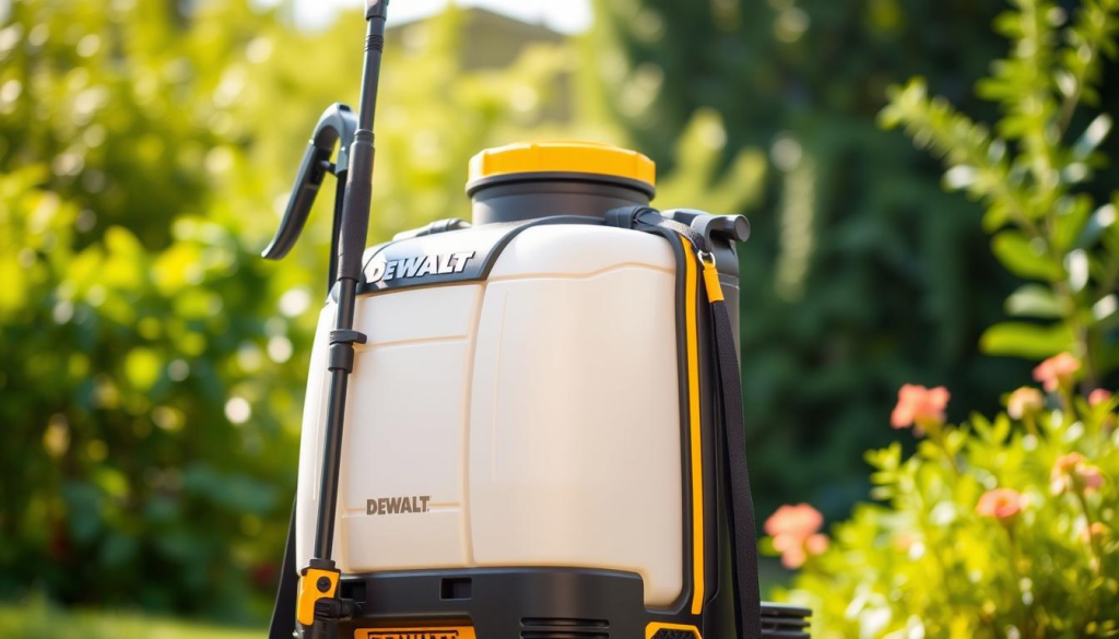 A sturdy, 4-gallon DEWALT backpack sprayer stands prominently in the foreground, its sleek black and yellow design gleaming under soft, natural lighting. The tank is highlighted, showcasing its durable polyethylene construction and comfortable padded straps. In the middle ground, the sprayer's impressive features are visible, including the adjustable, high-performance brass wand and the efficient, easy-to-use pump mechanism. The background features a lush, verdant garden, suggesting the sprayer's versatility and suitability for a variety of outdoor tasks, such as pest control, herbicide application, and general plant care. The overall scene conveys a sense of power, reliability, and efficiency - the ideal tool for the discerning homeowner or professional.