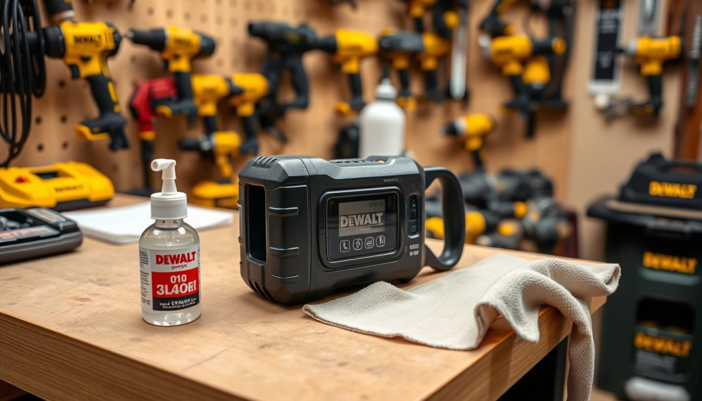 A sturdy DEWALT 0100 stud finder rests on a well-organized workbench, its sleek black casing reflecting the warm glow of task lighting. Beside it, a small bottle of cleaning solution and a soft microfiber cloth convey the importance of regular maintenance. The background features a wall adorned with various DEWALT power tools, hinting at the broader DIY landscape. Careful attention to detail is evident, with the stud finder's buttons and display panel clearly visible, suggesting the user's focus on extending the longevity of this essential tool. An atmosphere of professional pride and dedication to quality craftsmanship pervades the scene.