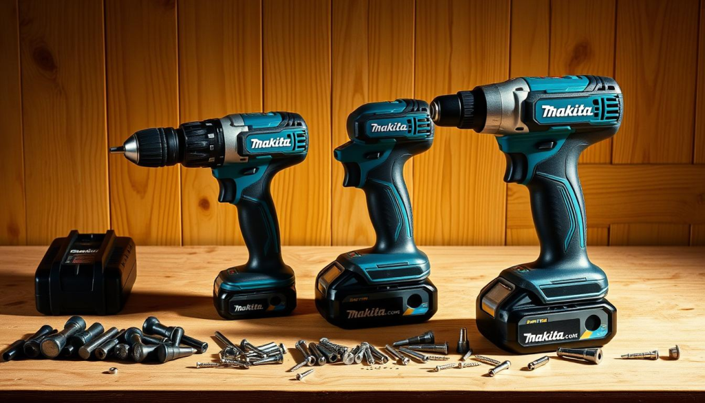 A sturdy Makita 18V cordless drill and impact driver set lies on a workbench against a backdrop of warm wood paneling. The metallic blue and black tools gleam under focused studio lighting, casting dramatic shadows. Durable rubber grips and a compact ergonomic design invite the user's hand. An array of drill bits, driver tips, and screws are neatly arranged nearby, hinting at the set's versatility for DIY projects ranging from furniture assembly to wall mounting. The scene conveys a sense of professional-grade power and precision, befitting the high-quality Makita brand.
