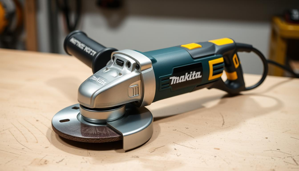A sturdy Makita angle grinder rests on a clean, well-lit workbench, its brushed metal body gleaming under soft, diffused lighting. The grinder's powerful 7-inch cutting disc protrudes, ready to tackle any grinding or cutting task with ease and precision. The ergonomic side handle and trigger provide a comfortable, natural grip, allowing for effortless control and maneuverability. The grinder's sleek design and bright yellow accents convey a sense of both strength and user-friendliness, making it an ideal tool for DIY enthusiasts seeking a versatile and efficient grinding solution.