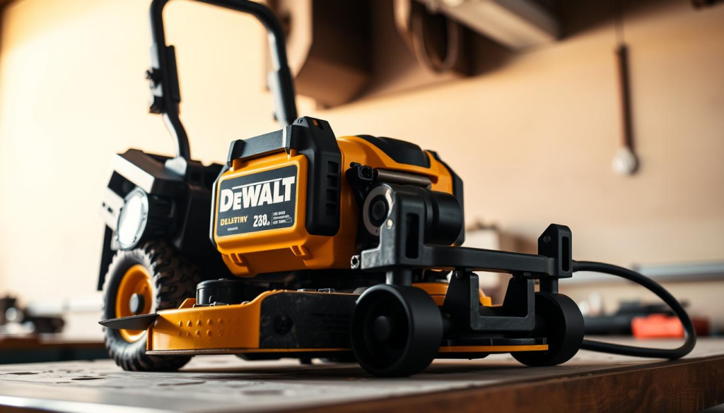 A sturdy and rugged DEWALT Z260 power tool sitting on a workbench, with a close-up view showcasing its durable construction. The tool is illuminated by warm, natural lighting, casting subtle shadows that accentuate its robust design. The background is a clean, neutral workspace, allowing the DEWALT Z260 to be the focal point. The image conveys a sense of reliability, efficiency, and the tool's ability to withstand the demands of a professional work environment.