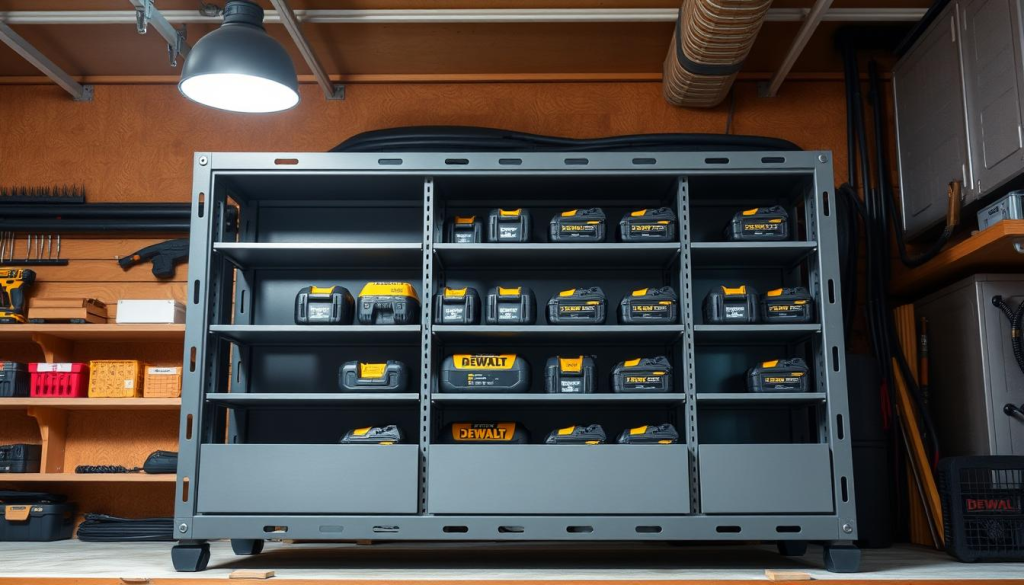 A sturdy, industrial-style storage unit for DEWALT batteries, positioned in a well-lit, organized workshop setting. The unit features sleek, gray metal shelves and compartments, designed to neatly arrange and protect a collection of DEWALT battery packs of various sizes. Overhead, a bright, diffused light illuminates the scene, casting soft shadows and highlighting the textured surfaces. The background showcases the utilitarian, clutter-free atmosphere of a professional workspace, emphasizing the importance of proper battery storage and organization for maximizing their lifespan and performance.