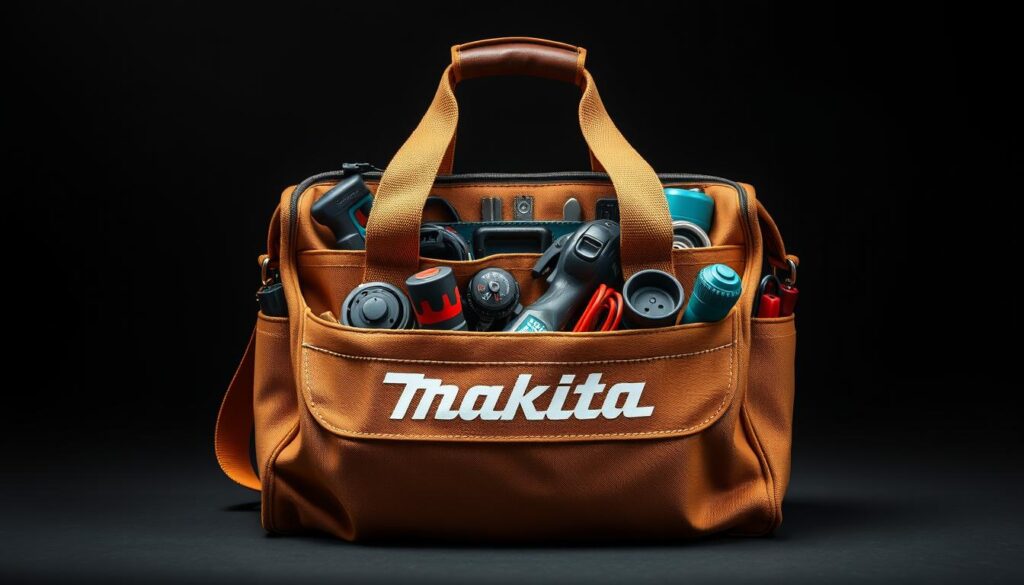 A sturdy, well-crafted Makita tool bag sits center frame, its durable canvas exterior and reinforced stitching visible under bright, directional lighting. The bag is open, revealing a neatly organized array of Makita power tools and accessories, each tucked into their designated compartments. The warm, neutral tones of the bag and its contents create a sense of reliability and professionalism. The composition is slightly elevated, allowing the viewer to appreciate the bag's thoughtful design and robust construction. An uncluttered background emphasizes the tool bag as the focal point, showcasing its versatility and suitability for a variety of work environments.