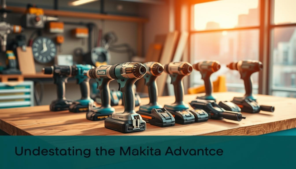 A sturdy workbench illuminated by warm, natural lighting, showcasing a collection of Makita power tools in a precise, organized arrangement. The tools gleam with a sleek, durable finish, their metal casings radiating a sense of quality craftsmanship. In the background, a blurred cityscape hints at the tools' versatility, ready to tackle a variety of professional tasks. The composition conveys a mood of confidence, reliability, and attention to detail - the hallmarks of the Makita brand. The scene captures the essence of "Understanding the Makita Advantage" - a testament to the brand's commitment to engineering excellence and elevating the user's workmanship.