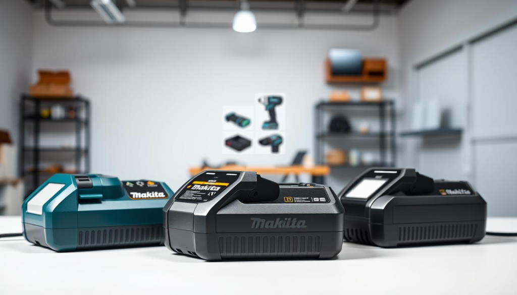 A stylized comparison of Makita 18V lithium-ion chargers set against a clean, well-lit studio backdrop. In the foreground, three Makita chargers are displayed side-by-side, their designs and features highlighted with crisp, detailed textures. The middle ground features product shots showcasing the chargers' charging ports, LED indicators, and ergonomic shapes. In the background, a softly blurred environment suggests a professional workshop or home office setting, conveying a sense of practicality and reliability. The lighting is directional, casting subtle shadows that accentuate the chargers' forms. The overall mood is one of technical precision and consumer-focused design.