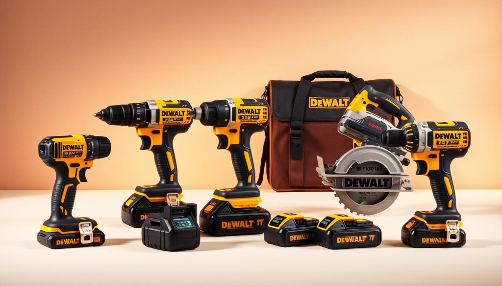 A stylized, high-resolution photograph of a comparative display of DEWALT 18V power tools, including a drill, impact driver, and circular saw, set against a neutral backdrop with warm directional lighting. The tools are arranged in an organized, visually appealing layout, showcasing their key features and highlighting their similarities and differences. The overall composition emphasizes the craftsmanship, durability, and versatility of the DEWALT 18V line, conveying a sense of professional-grade quality.