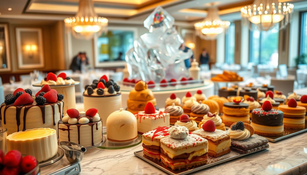 A sumptuous display of decadent desserts at the Mikata Buffet. In the foreground, an array of glistening cakes, creamy puddings, and flaky pastries arranged artfully on a marble counter. Vibrant berries, drizzled sauces, and dusted powdered sugar add pops of color and texture. The middle ground features a stunning ice sculpture, its intricate design casting mesmerizing shadows. Soft, warm lighting from overhead highlights the desserts, creating an inviting and indulgent atmosphere. The background blurs into a sophisticated dining room, with crisp white tablecloths, gleaming silverware, and elegant chandeliers setting the stage for this delectable dessert paradise.