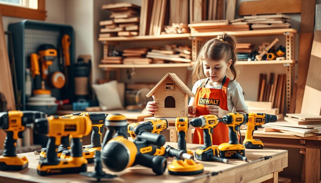 A sun-dappled workspace filled with a colorful array of DEWALT toy tools for kids. In the foreground, a variety of miniature power tools - drills, saws, hammers - sit atop a sturdy wooden workbench, their bright yellow and black colors gleaming. In the middle ground, a young maker, clad in a protective apron, examines a model birdhouse, her expression focused and determined. The background features shelves stocked with an assortment of building materials - wood planks, screws, nails - hinting at the endless DIY possibilities. Warm, diffused lighting creates a cozy, inviting atmosphere, perfect for hands-on learning and creative exploration.