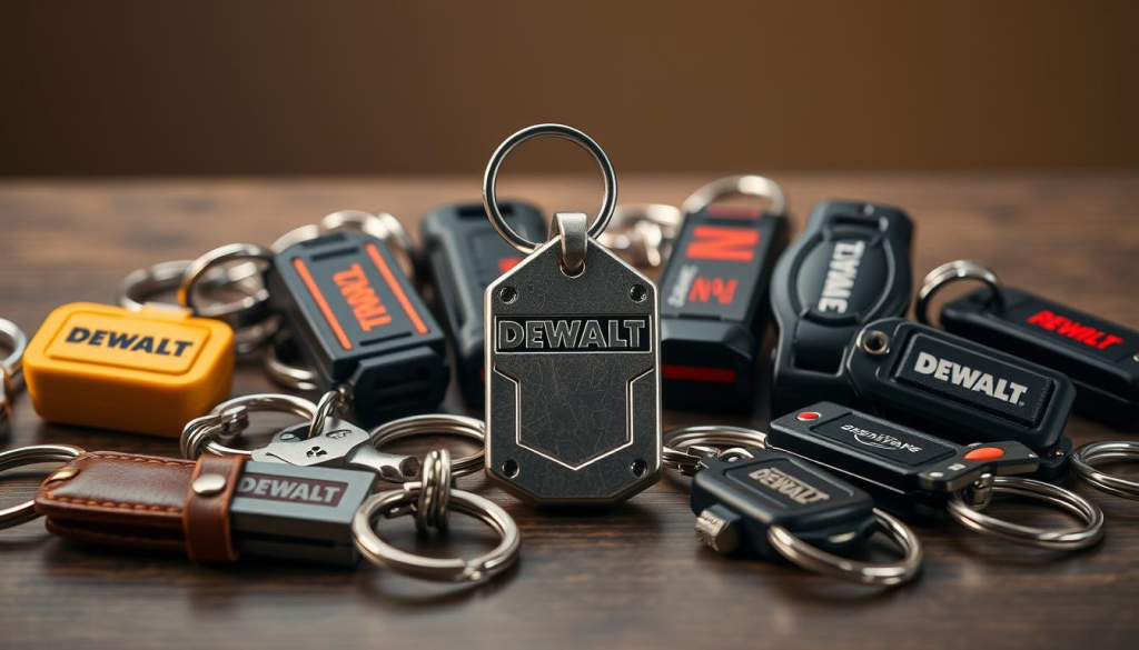 A table-top still life showcasing a DEWALT keychain alongside several other prominent keychain brands. The DEWALT keychain is centrally positioned, its rugged metal construction catching the light from a warm, directional studio lighting setup. The surrounding keychains, made of various materials like leather, plastic, and metal, are arranged in a comparative layout to highlight the DEWALT's sturdy, industrial design. The image has a clean, professional tone, with a shallow depth of field to keep the focus on the keychain details. The overall scene conveys the DEWALT's durability and reliability in comparison to its competitors.