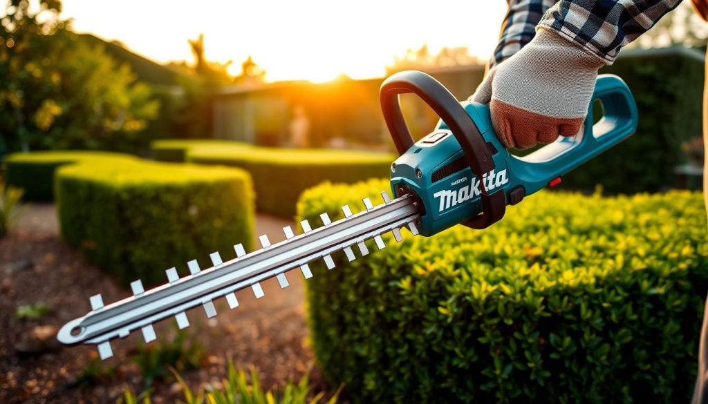 A top-rated Makita hedge trimmer stands in the foreground, its precision-ground, dual-action blades gleaming under natural sunlight. The device is held firmly in the hands of a person dressed in safety gear, including protective goggles and gloves. In the middle ground, lush greenery and well-trimmed hedges create a tranquil, well-maintained garden setting. The background features a warm, golden-hour sky, casting a soft, even illumination across the scene. The overall mood conveys a sense of safety, control, and efficient gardening practices.