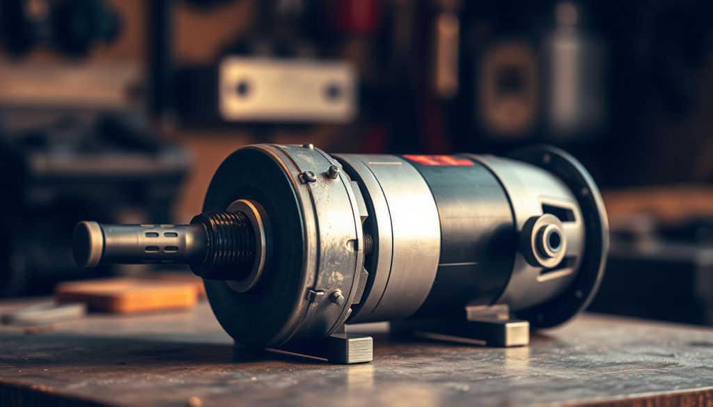 A variable speed grinder resting on a workbench, its brushed steel casing gleaming under warm studio lighting. The grinder's body is angled slightly, highlighting its ergonomic design and the user-friendly speed control dial. The grinding wheel spins steadily, ready to tackle a variety of materials with precision and power. The scene conveys a sense of expertise and craftsmanship, hinting at the grinder's versatility and the benefits it can offer in precision grinding applications.