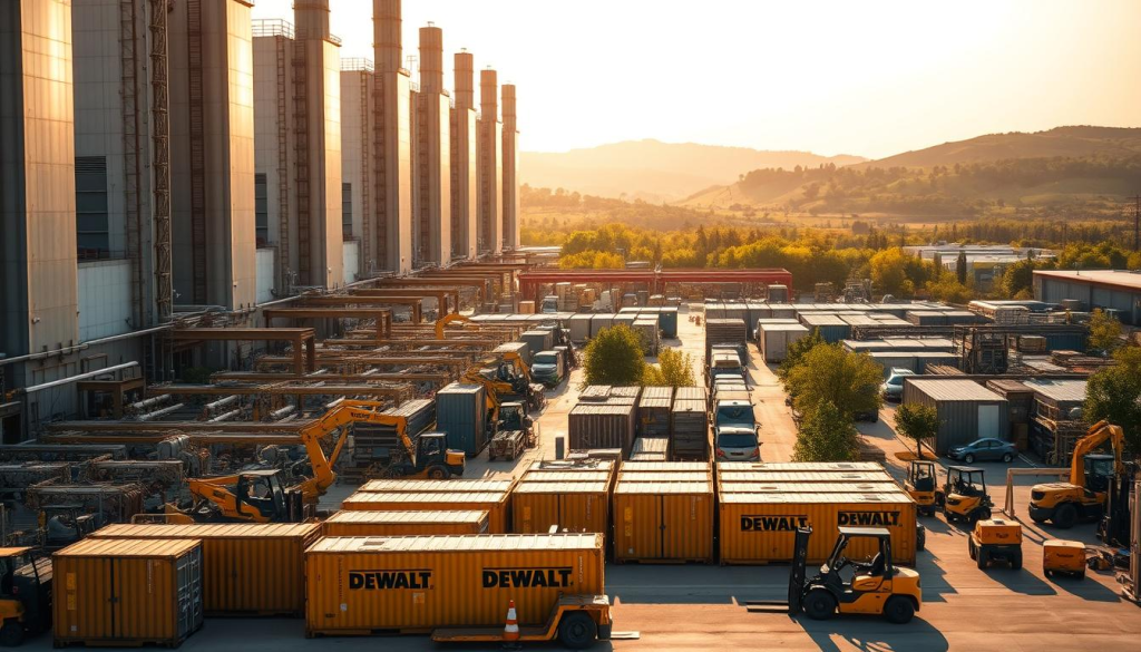 A vast, modern industrial complex with towering factory buildings, their sleek facades gleaming in the warm, diffuse lighting of a sunny day. Rows of assembly lines and robotic arms busily crafting and assembling a variety of power tools. In the foreground, DEWALT-branded shipping containers and forklifts move about, efficiently transporting finished products. The background is framed by lush, verdant trees and rolling hills, creating a harmonious blend of industry and nature. The overall scene conveys a sense of precision, productivity, and a commitment to quality craftsmanship that defines the DEWALT brand.