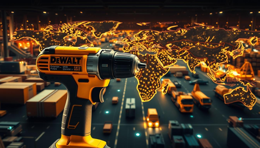 A vast network of warehouses, factories, and distribution hubs stretching across continents. In the foreground, a DEWALT power drill is showcased, its sleek design and iconic yellow casing shining under warm, directional lighting. The middle ground reveals intricate supply chain logistics - cargo ships, planes, and trucks seamlessly transporting materials and finished products. In the background, a global map pulses with pulsing transportation routes, connecting DEWALT's worldwide operations. The scene conveys the scale, efficiency, and technological prowess of DEWALT's global supply chain, supporting the manufacture and delivery of their high-quality power tools.