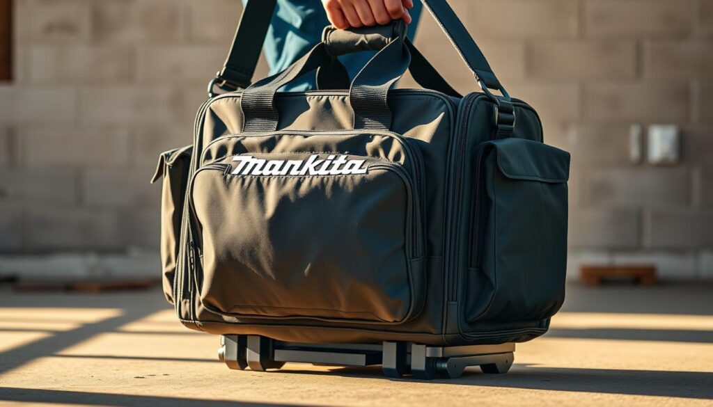 A versatile Makita tool bag with a durable, water-resistant exterior, featuring multiple pockets and compartments for organized storage. The bag stands upright on a sturdy base, allowing for easy access to tools. A reinforced handle and adjustable shoulder strap provide comfortable transport. Soft interior lining protects delicate equipment. The bag is illuminated by warm, natural lighting, casting subtle shadows that accentuate its rugged construction. Photographed from a low angle to emphasize the bag's robust, utilitarian design.