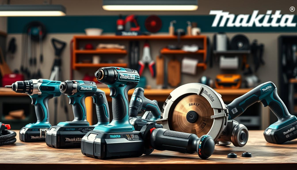 A vibrant and detailed image of Makita power tools, showcasing the brand's renowned craftsmanship and quality. In the foreground, a selection of Makita's flagship products, such as a cordless drill, an angle grinder, and a circular saw, are arranged in a visually appealing layout. The tools are depicted with precision, highlighting their ergonomic designs and durable construction. The middle ground features a clean, well-lit workshop environment, with a workbench and various accessories, creating a sense of professionalism and functionality. In the background, a subtle hint of the Makita logo and brand colors, conveying the brand's reputation for reliability and innovation. The overall scene is illuminated by soft, directional lighting, casting warm shadows and emphasizing the tools' intricate details. The image exudes a sense of craftsmanship, power, and the trust that Makita has earned among professionals.
