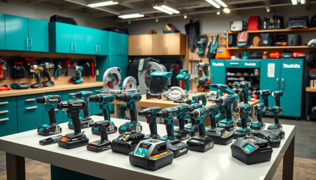 A vibrant and well-lit product display showcasing an array of Makita power tools, batteries, and accessories. In the foreground, a selection of Makita cordless drills, impact drivers, and circular saws are neatly arranged on a sleek, modern display table. The middle ground features larger Makita tools such as miter saws and angle grinders, complemented by a backdrop of Makita-branded cabinets and shelving. Bright, directional lighting highlights the tools' features and creates a sense of depth and dimensionality. The overall atmosphere conveys a professional, high-quality workshop setting, with a focus on the current promotional deals and offerings from the Makita brand.
