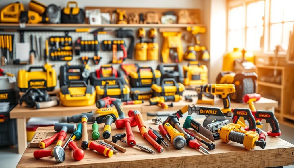 A vibrant assortment of DeWalt-branded kids' tools, meticulously crafted to inspire young minds and nurture their inner makers. In the foreground, a collection of colorful, child-sized hammers, screwdrivers, and saws sit atop a sturdy wooden workbench, inviting little hands to explore the world of construction. The middle ground showcases a range of toolboxes, tool belts, and tool sets, each designed with safety and functionality in mind, empowering the next generation of DIYers. In the background, a bright, airy workshop setting with a warm, natural-light ambiance sets the stage for endless hours of hands-on learning and creative expression.
