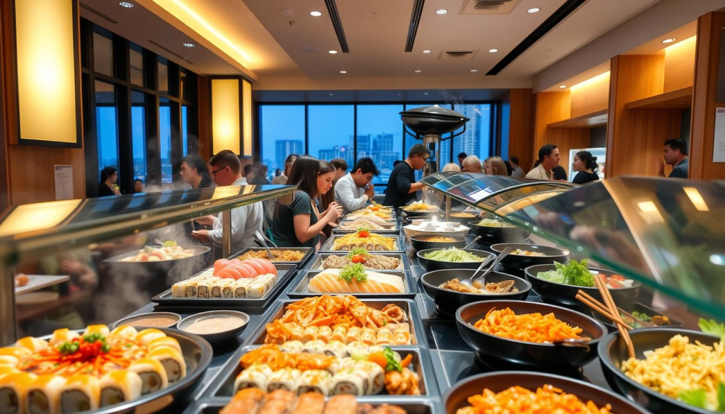 A vibrant, bustling buffet scene in the heart of Jacksonville, showcasing a bountiful array of delectable Japanese cuisine. The foreground features an inviting display of sushi rolls, sashimi, and tempting hot dishes, steam gently rising. Mid-ground captures lively diners engaged in animated conversations, savoring their culinary discoveries. The background reveals a sleek, modern interior with warm lighting, natural wood accents, and floor-to-ceiling windows offering a glimpse of the city skyline. A welcoming, atmospheric scene that captures the essence of the Mikata Buffet's special events and promotions, enticing visitors to indulge in a truly unforgettable dining experience.