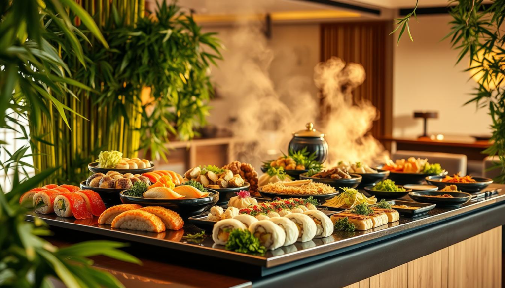 A vibrant display of Asian culinary delights, captured in a warm, inviting setting. In the foreground, an elegant array of sushi, steaming dumplings, and fragrant noodle dishes, artfully arranged on a sleek catering table. Lush greenery and bamboo accents frame the scene, creating a serene, natural ambiance. Soft, diffused lighting casts a golden glow, highlighting the intricate textures and vibrant colors of the dishes. In the background, a modern, minimalist interior with clean lines and subtle Japanese-inspired decor, setting the stage for an exceptional dining experience. The overall composition exudes a sense of refinement, authenticity, and the perfect balance of flavors that defines Mikata Buffet's catering excellence.