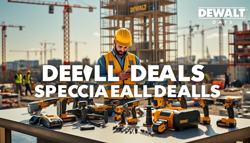 A vibrant, sun-drenched scene showcasing the latest DEWALT Days special deals. In the foreground, an assortment of DEWALT power tools and accessories are displayed on a sleek, modern workbench, their metallic finishes gleaming under the warm lighting. In the middle ground, a professional contractor examines the tools, evaluating their features and performance. The background depicts a bustling construction site, with workers hard at work, cranes and scaffolding visible in the distance, creating a sense of energy and productivity. The overall mood is one of excitement and anticipation, as the DEWALT Days sales event promises unbeatable savings and must-have deals for any DIYer or trade professional.