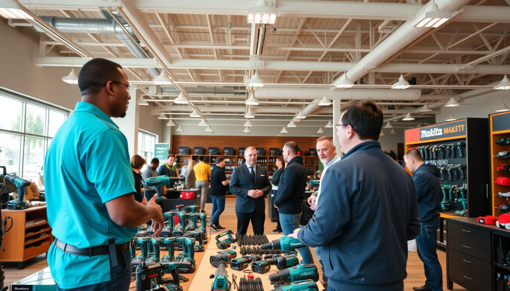 A vibrant, well-lit showroom showcasing an array of Makita power tools. In the foreground, a group of customers engages with a friendly Makita dealer, discussing features and demonstrating the tools. The middle ground features an expertly curated selection of Makita products, neatly organized and displayed. The background depicts a modern, open-concept space with high ceilings, ample natural lighting, and a warm, inviting atmosphere. The overall scene conveys a sense of professionalism, expertise, and a commitment to customer satisfaction, perfectly capturing the benefits of attending a Makita dealer event or demo.
