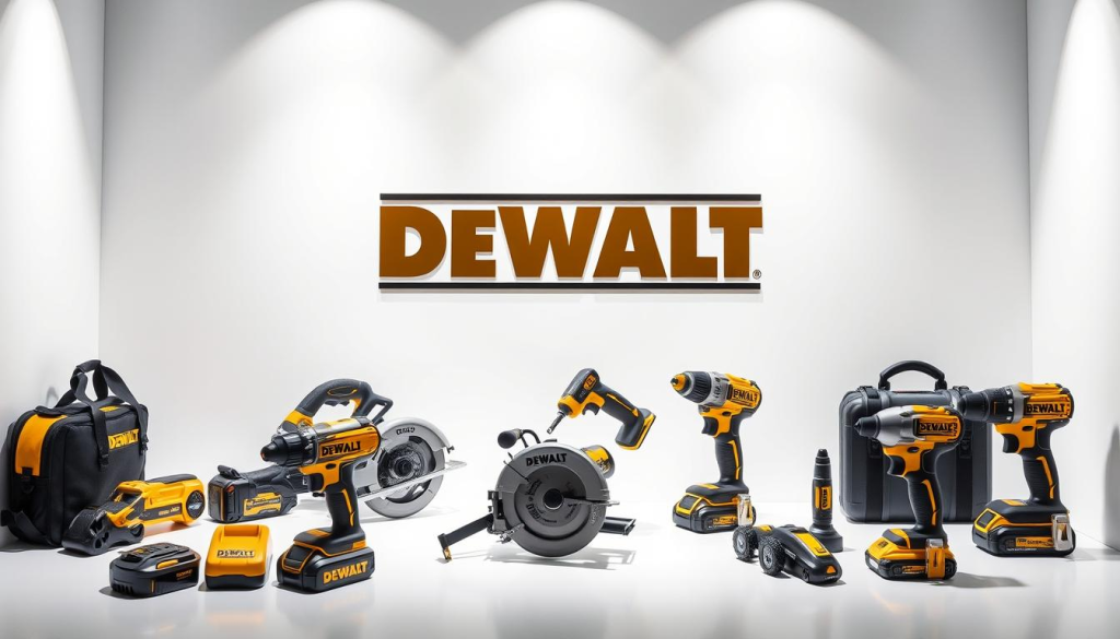 A visually appealing online store display for DEWALT power tools, showcased against a clean white background with subtle shadows to accentuate the product details. The foreground features a diverse selection of DEWALT tools, including a cordless drill, circular saw, and impact wrench, arranged in an organized and aesthetically pleasing manner. The middle ground showcases the DEWALT logo prominently, conveying the brand's reputation for quality and reliability. The background is illuminated with soft, directional lighting, creating a sense of depth and emphasizing the products' features. The overall composition and color palette evoke a professional, high-end shopping experience, reflecting the accessibility and convenience of purchasing DEWALT tools online.