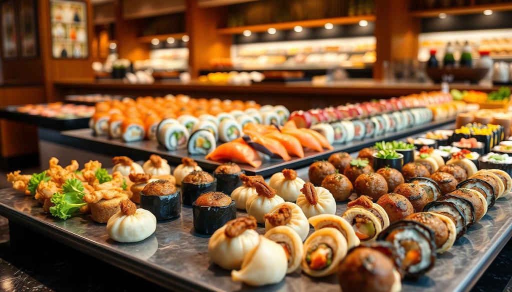 A visually enticing array of Mikata Buffet's appetizer options, captured in a warm, inviting light. In the foreground, an assortment of delectable hors d'oeuvres including crisp vegetable tempura, succulent gyoza dumplings, and savory meatballs, artfully arranged on a sleek, modern serving platter. The middle ground showcases a vibrant display of colorful sushi rolls, each slice revealing its delicate layers of rice, nori, and fresh fish. In the background, a glimpse of the bustling Mikata Buffet setting, with wooden accents and soft lighting creating a cozy, authentic atmosphere. The overall scene conveys the mouthwatering diversity and high-quality presentation of Mikata's appetizer options.