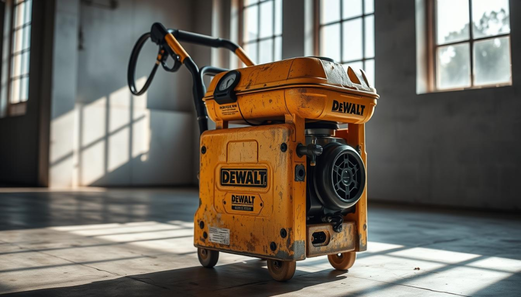 A weathered, well-used DEWALT gas pressure washer standing on a concrete floor, its exterior marked by scuffs and scratches, hinting at its durability and resilience. Sunlight streams in through large windows, casting dramatic shadows and highlights across the machine's rugged form. The pressure gauge and control panel are visible, suggesting the washer's functionality and power. The surrounding environment is minimalist, allowing the focus to remain on the device's sturdy construction and ability to withstand the demands of frequent, intensive use.
