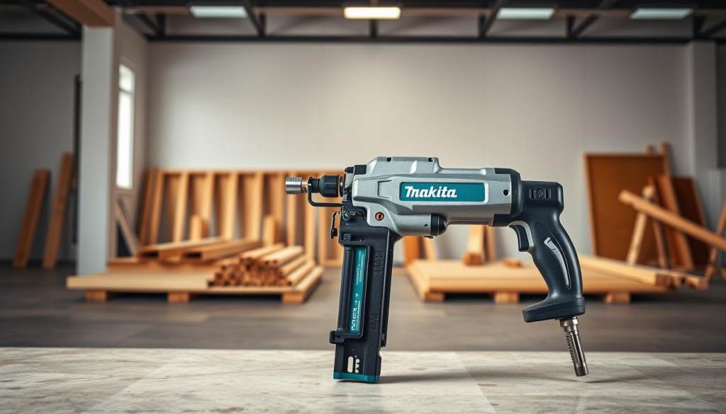 A well-crafted Makita framing gun stands prominently in the foreground, its sleek metallic body and ergonomic grip reflecting warm studio lighting. In the middle ground, a collection of freshly cut wooden boards and framing materials suggest an ongoing construction project. The background features a clean, minimalist workspace with concrete floors and white walls, creating a sense of professional, industrial setting. The overall composition conveys the power, precision, and ease-of-use of the Makita framing gun, perfectly suited for a variety of woodworking projects.
