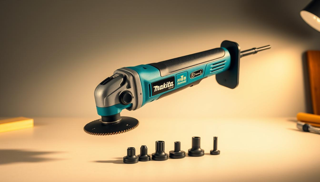 A well-crafted Makita oscillating tool, meticulously rendered against a clean, professional backdrop. The tool's sleek, ergonomic design is highlighted by warm studio lighting, casting subtle shadows that accentuate its form. In the middle ground, a selection of interchangeable heads showcases the tool's versatility, while the background features a simple, uncluttered workspace evocative of a DIY workshop. The overall mood is one of precision, power, and confidence - qualities that embody the Makita brand and its appeal to discerning home improvement enthusiasts.