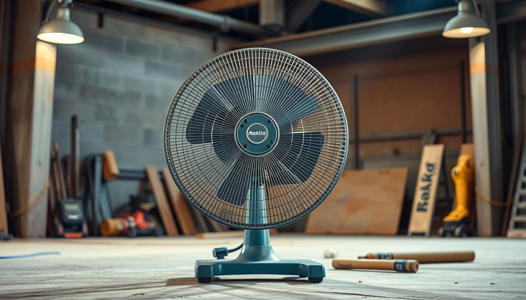 A well-crafted, high-quality construction fan standing prominently in the foreground, with intricate details of its metal body, blades, and sturdy base. The fan is positioned in a well-lit, industrial setting, such as a construction site or workshop, creating a sense of power and functionality. The background features a mix of concrete, steel beams, and tools, conveying a professional, hardworking atmosphere. The lighting is a mix of warm, natural tones and cool, directional spotlights, highlighting the fan's robust design and impressive airflow capabilities. The composition emphasizes the fan's central role in providing cooling and ventilation, making it a crucial tool for the Makita product line.