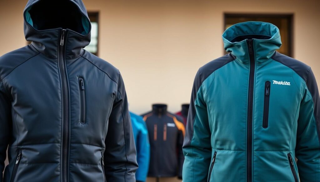 A well-crafted, high-quality image of a Makita heated jacket in various styling options and color choices, captured under natural lighting with a shallow depth of field. The jacket is prominently displayed in the foreground, showcasing its sleek and modern design, with attention to textural details like the material, stitching, and zippers. The middle ground features a variety of the jacket in different colors, neatly arranged to highlight the range of available options. The background softly blurs out, creating a clean and minimalist setting that allows the jacket to be the true focus of the image.
