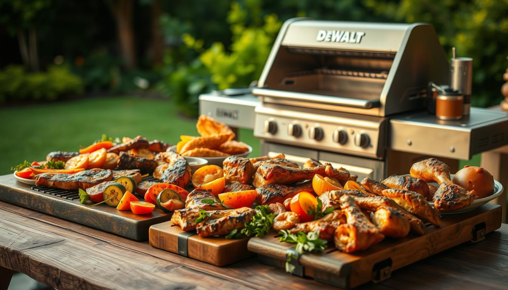A well-crafted image showcasing a variety of delectable grilled dishes against the backdrop of a DEWALT outdoor grill. The foreground features an array of sizzling meats, vegetables, and seafood, meticulously arranged on a rustic wooden table. Warm, ambient lighting casts a golden glow, accentuating the rich textures and mouthwatering colors. The middle ground depicts the DEWALT grill itself, its sleek stainless steel design and powerful burners suggesting its impressive capabilities. The background subtly hints at a lush, verdant backyard setting, creating a sense of al fresco dining and a perfect summer evening atmosphere. The overall composition conveys a harmonious blend of culinary excellence and the DEWALT brand's reputation for high-quality outdoor cooking equipment.