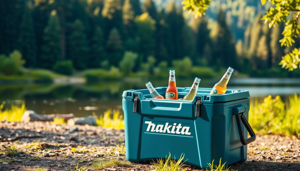 A well-designed Makita portable cooler sits in a lush outdoor setting, surrounded by a verdant forest and a tranquil lake. The cooler's sturdy, yet sleek blue exterior gleams under the warm, natural lighting, exuding a sense of durability and reliability. The front panel displays the iconic Makita logo, emblematic of the brand's commitment to quality. The cooler's spacious interior is filled with a variety of refreshing beverages, keeping them perfectly chilled for a day of outdoor activities. The scene conveys a mood of relaxation and adventure, perfectly complementing the benefits of using a Makita cooler in the great outdoors.