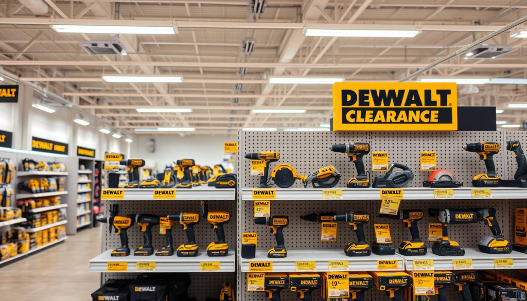 A well-lit DEWALT power tools display with an assortment of discounted items prominently featured in the foreground. The shelves are neatly organized, showcasing a variety of DEWALT products such as drills, saws, and sanders, all marked with bold "Clearance" signage. The lighting casts a warm, inviting glow, highlighting the high-quality construction and sleek designs of the tools. In the background, a spacious retail environment with clean, minimalist decor provides an uncluttered, professional setting for the clearance sale. The overall atmosphere conveys a sense of urgency and opportunity, enticing the viewer to explore the discounted DEWALT offerings.